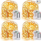 MUMUXI 4 Pack 33ft Fairy Lights with Remote Control, 100 LED Battery Operated String Lights, Waterproof and Perfect for Outdoor Indoor Decorations, Warm White LED Christmas Halloween Lighting