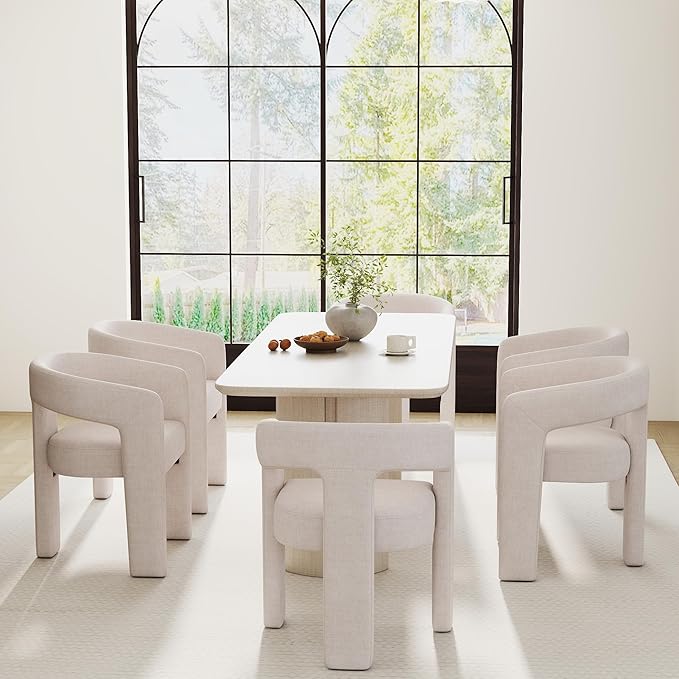 Modern Barrel Dining Chair, Linen Upholstered Accent Side Chair with Arms Comfy Makeup Vanity Chair, Dining Living Room Kitchen Chair, Beige