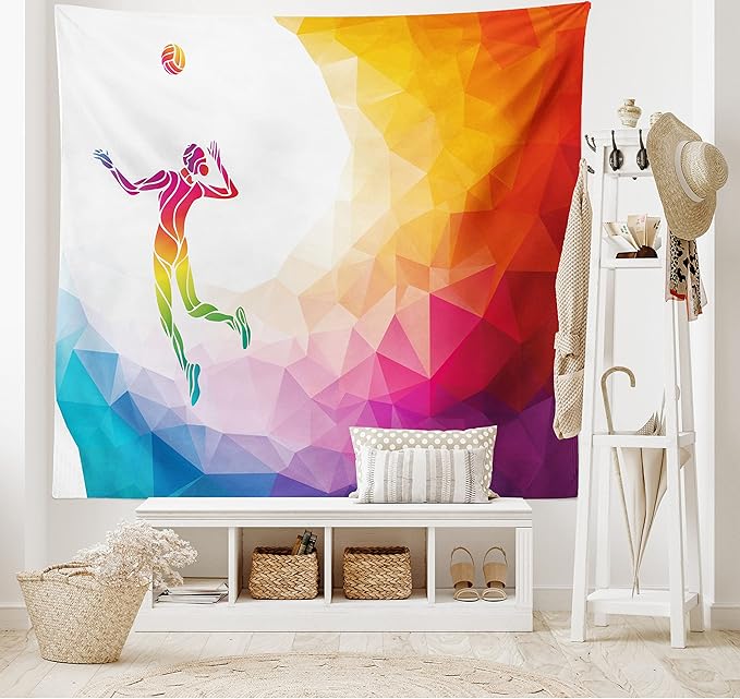 Lunarable Volleyball Tapestry, Colorful Polygonal Background Triangles Jumping Woman Striking The Ball, Wide Wall Hanging for Bedroom Living Room Dorm, 60" X 40", Purple Blue