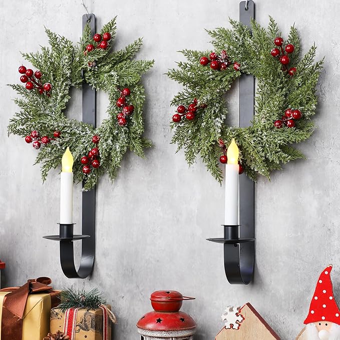 2 Set Christmas Metal Wall Candle Sconce Holder Wall Mount Candle Holder with Berry Wreath for Farmhouse Living Room Entryway Fireplace Bedroom Bathroom Decor, Only Applicable to LED Candles