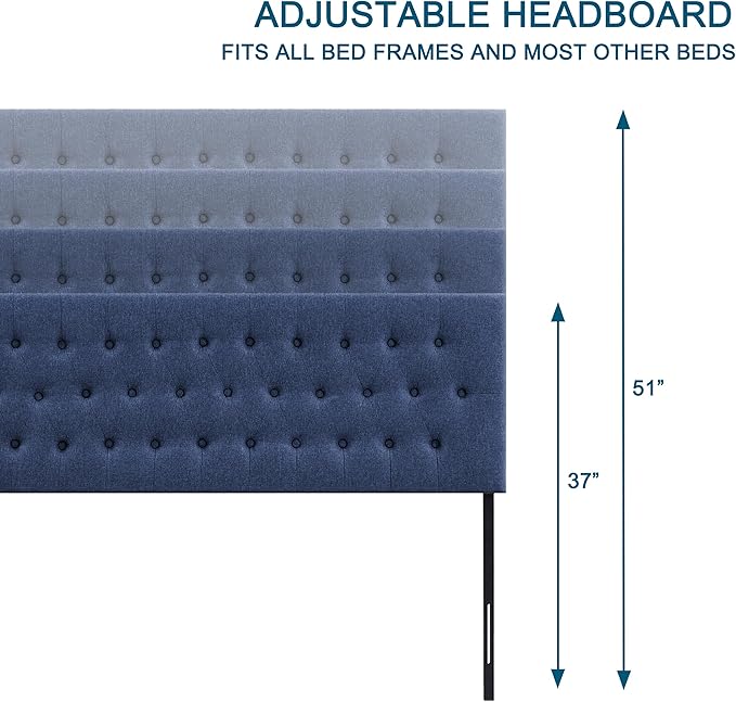 Tufted Upholstered Headboard Queen Size, Solid Wood Head Board with Metal Legs, Adjustable Height Bed headboard from 37" to 51" Fabric Headboard in Modern Button Design, Blue