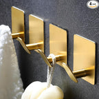 DELITON Gold Towel Hooks- 4 Pack Adhesive Hook for Coat Robe Clothes Stick on Bathroom Wall Brushed Gold Finish Heavy Duty, Stainless Steel