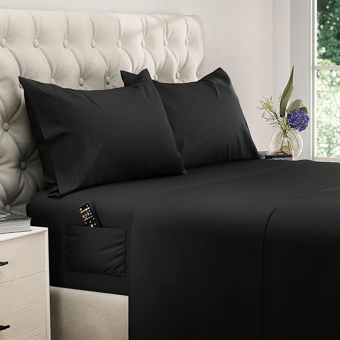 DREAMCARE Full Size Sheets - Cooling Bed Sheets - 4pcs Set - up to 15" Deep Pocket Full Sheet Set - Sheets Full Size Bed - Soft & Long Lasting 100% Fine Brushed Polyester with Side Pocket - Black