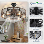 DLLT Caged Ceiling Fan with Lights: 26" Bladeless Fandelier with Light and Remote - Walnut Industrial Chandelier Fan Light for Bedroom Living Dining Room Kitchen