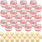 Rtteri 24 Set Votive Candle Holders Wedding Centerpiece Table Decorations Speckled Mercury Glass Votive Candle Holders with Tea Lights Birthday Party Decorations for Home (Pink)