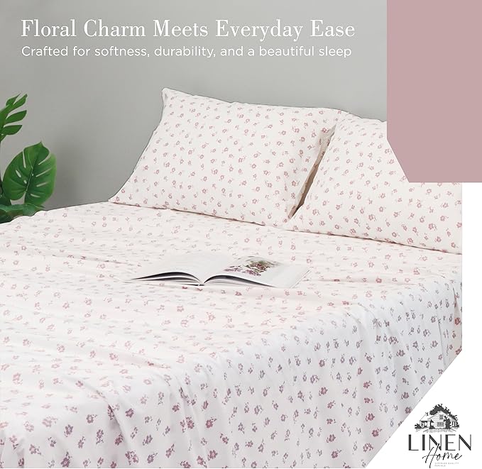 Linen Home 100% Cotton Printed Percale Sheets King Size, Deep Pocket, 4 Pieces Set - 1 Flat, 1 Deep Pocket Fitted Sheet and 2 Pillowcases, Crisp Cool and Strong Bed Linen, Mauve Silhouette Floral