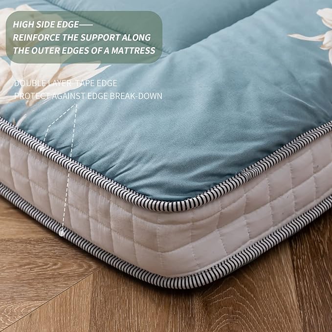 MAXYOYO Floral Printed Futon Mattress, Padded Japanese Floor Mattress Quilted Bed Mattress Topper, Extra Thick Folding Sleeping Pad Breathable Floor Lounger Guest Bed for Camping Couch, Queen Size