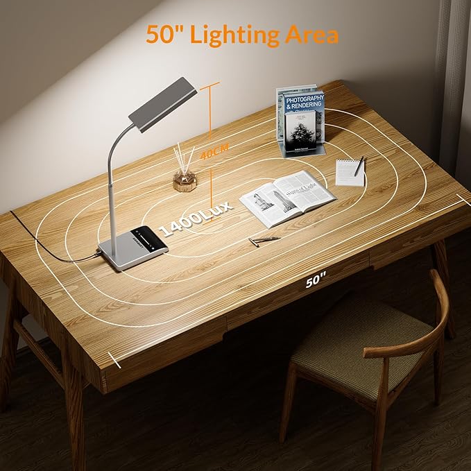 LEPOWER Desk Lamp, 800LM LED for Home Office, 12W Reading for Desk, Eye-Caring Light, Touch Table Gooseneck Lamp, 50 Lighting Modes, Bright for Bedroom, Study (Grey)