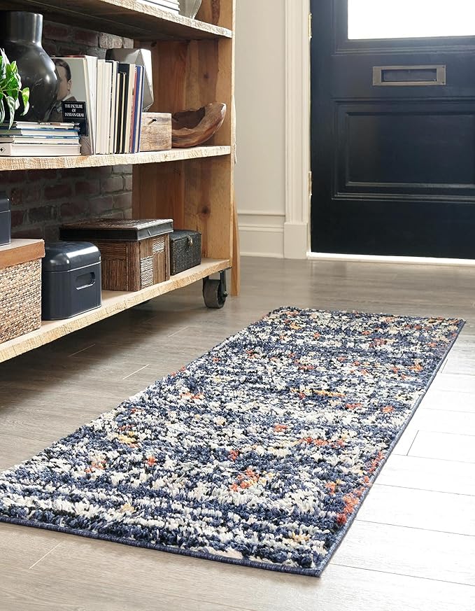 Rugs.com Morocco Collection Rug – 10 Ft Runner Navy Blue High-Pile Rug Perfect for Hallways, Entryways