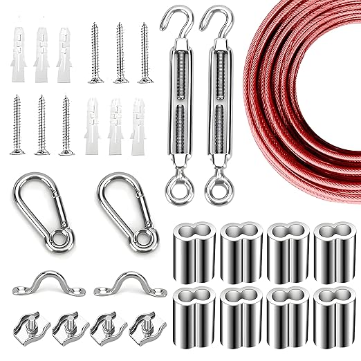 Globe String Light Suspension Kit, Outdoor Light Guide Wire, Vinyl Coated Stainless Steel Steel Cable，Include 50ft Transparent PVC and 304 Stainless Steel Wire Cable, Turnbuckle and Hooks