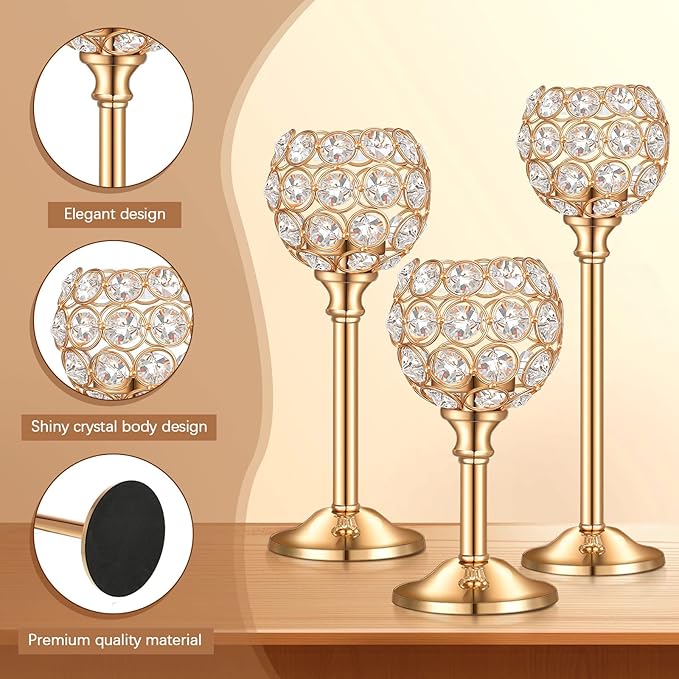 Qunclay 18 Pieces Crystal Candle Holders Bulk Candle Stick Holder Centerpieces for Table Wedding Centerpieces Crystal Decorative Tealight Dining Table Decor for Party(Gold)