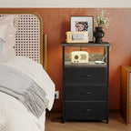 Fixwal Night Stand with Charging Station, LED Nightstand with U-S-B Ports and Outlets, 3 Fabric Storage Drawers with PU Finish, Bed Side Table, Charcoal Gray
