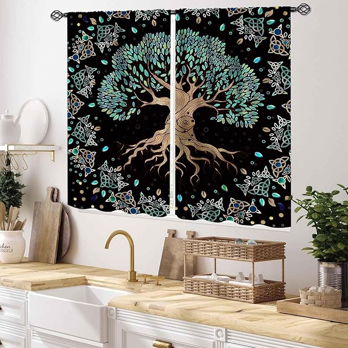 Tree of Life Curtains, Hippie Green Leaves Tree Life Vikings Celtic Nordic Aesthetic Mythology Window Drapery Treatments for Bedroom Living Room Bathroom 2 Panels, 55x39 Inch