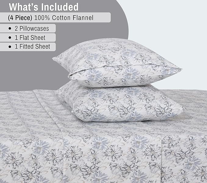 RUVANTI Flannel Sheets Queen Size - 100% Cotton Double Brushed Bed Sheets, Deep Pockets 16 Inches Queen Sheet Set, All Seasons Breathable & Extra Soft - Warm & Cozy, 4 Piece, Pacific