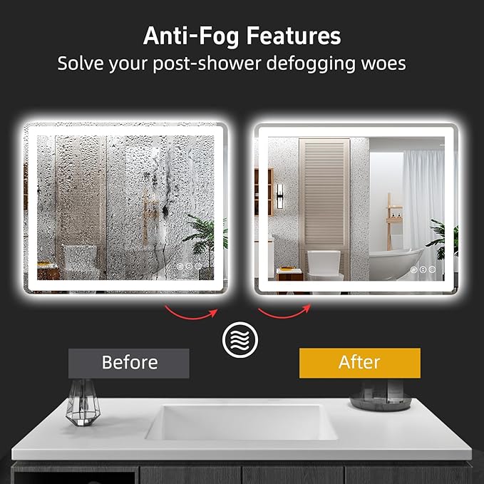 LED Bathroom Mirror 48"x 30" with Front and Backlight, Anti-Fog, Lighted Bathroom Vanity Mirror for Wall, Dimmable, Shatter-Proof, Rounded Rectangle Mirror Tempered Glass(Horizontal/Vertical)