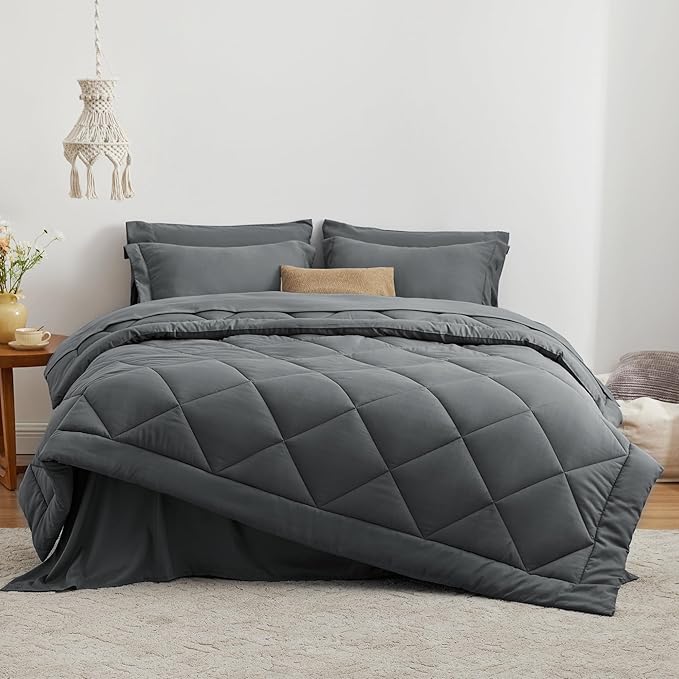 Love's cabin Twin Comforter Set Dark Grey, 5 Pieces Twin Bed in a Bag, All Season Bedding Sets with 1 Comforter, 1 Flat Sheet, 1 Fitted Sheet, 1 Pillowcase and 1 Pillow Sham