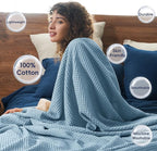 PHF Pre-Washed Cotton Waffle Weave Blanket Throw Size for Couch Bed,Snag Proof for Spring Summer Lightweight Breathable,Oeko-TEX Certified,Machine Washable, Home Decor Gift，Dusty Blue