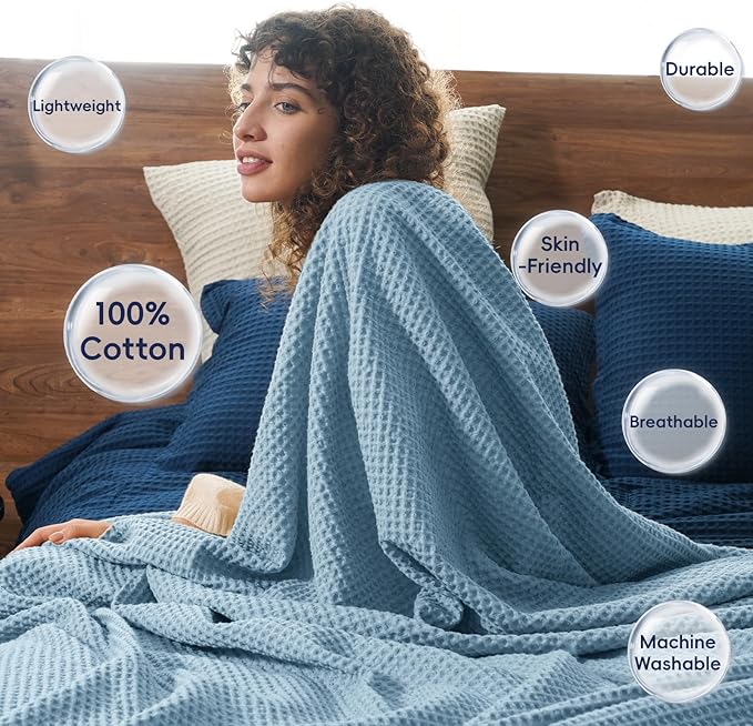 PHF Pre-Washed Cotton Waffle Weave Family Blanket,Oversized King Size 120"x 120"-Snag Proof Lightweight Breathable, 10'x 10' Huge Extra Large Big-Elegant Aesthetic Home Decoration Gift,Dusty Blue