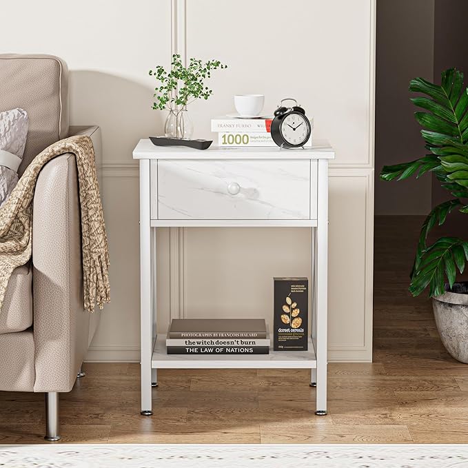 VECELO Nightstands Set of 2, Modern Bedside End Tables, Night Stands with Drawer and Storage Shelf for Living Room Bedroom, Industrial Metal Frame
