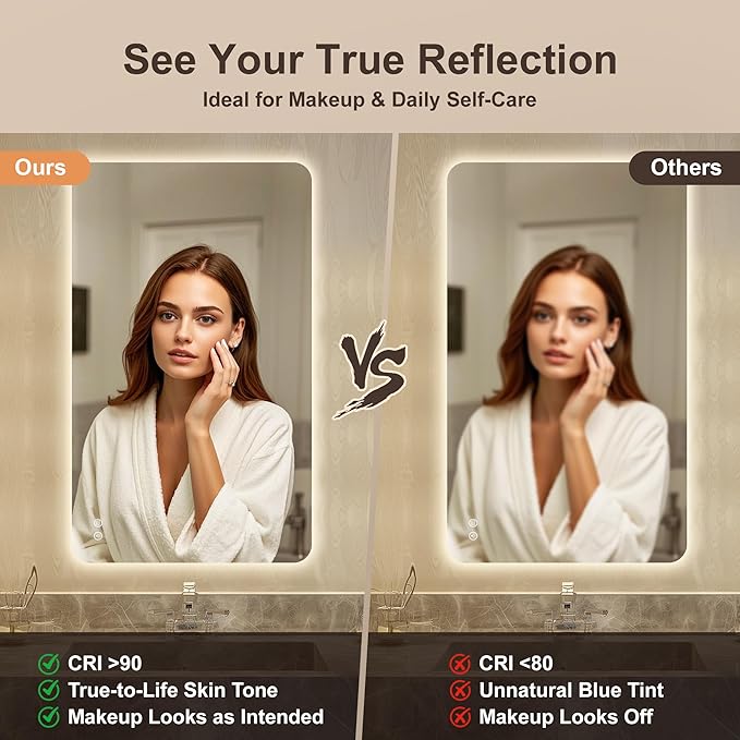 36''x24'' Lighted Mirrors for Bathroom Wall Backlit Rectangular Rounded Corners, LED Bathroom Mirror Frameless with Lights Anti Fog, Dimmable, 3 Colors,Tempered Glass, Shatter-Proof (Color 2)