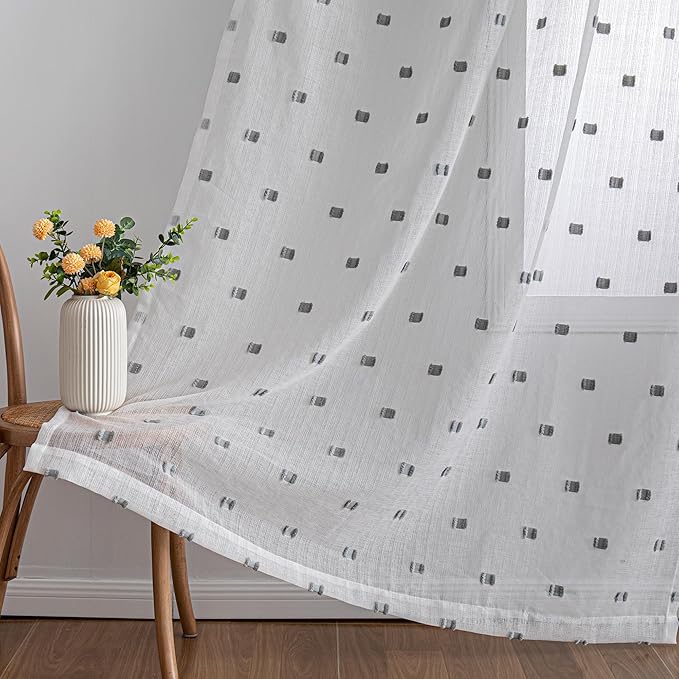 MYSKY HOME White Curtains for Bedroom 63 Inch Length Long Sheer Curtains for Kids Room Nursery Curtains with Grey Patched Design Rod Pocket Privacy Window Drapes Dining Room 52" x 63" 2 Panels