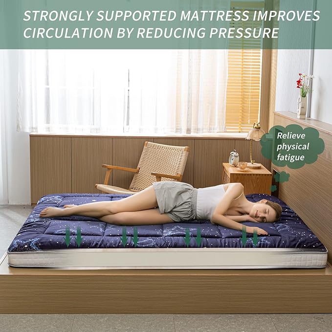 MAXYOYO Japanese Moon and Star Full Size Futon Mattress, Blue, Plush, 54"W x 80"L x 4"H, Foldable, Breathable, Reinforced Support, Moon and Star Pattern, Bedroom, Floor, Guest Room, Tent, Teepee