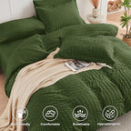 HYMOKEGE Olive Green Queen Comforter Set Seersucker 7 Pieces, All Season Luxury Bed in a Bag Queen for Bedroom, Bedding Set with Comforter, Sheets, Pillowcases & Shams
