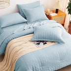 CozyLux Full Size Comforter Sets with Sheets Seersucker 7 Pieces Light Blue Bed in a Bag Textured Luxury Soft Bedding Set with Down Alternative Comforter, Sheets, Pillowcases & Shams for All Seasons