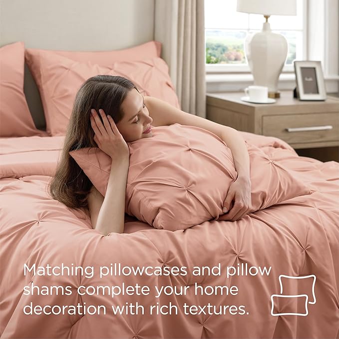 Bedsure Queen Comforter Set Dusty Pink - Bed in a Bag Queen Size Bedding 7 Pieces, GentleSoft™ Pintuck Bed Set Gift for Family, Pinch Pleat All Season Comforter with Sheets, Pillowcases & Shams