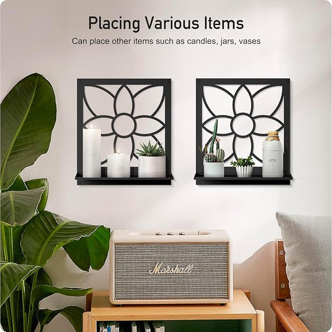Flower Candle Wall Sconce, Retro Bathroom Wall Decor, Black Minimalism Wall Art for Living Room Bedroom Bathroom (2 Pack 11.8 x 13 in)