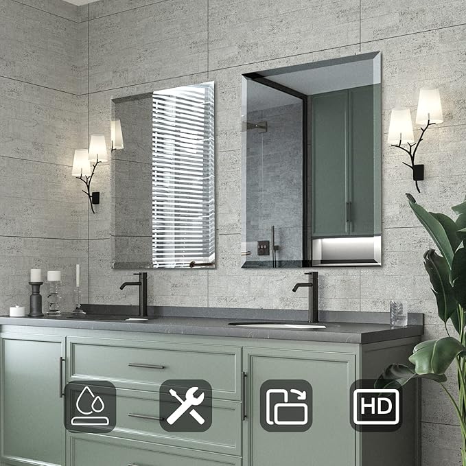 Mirrorons Beveled Mirror, Wall Mirror 24" x 32", Frameless Rectangle Bathroom Vanity Mirror with Beveled Edge, Hangs Horizontally or Vertically. Upgraded Shatterproof Mirror, Bathroom, Gym.