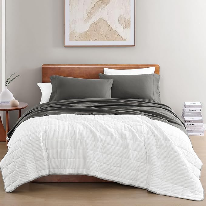 LANE LINEN 100% Organic Cotton 3Pc Bed Sheets Twin Size, Classic Percale Weave, Soft & Comfy Fully Elasticized Naturally Cooling Cotton Sheets, Low Pill Machine wash Twin Sheet Set- Charcoal