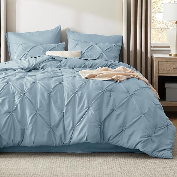 Bedsure Queen Comforter Set Light Blue - Bed in a Bag Queen Size Bedding 7 Pieces, GentleSoft™ Pintuck Bed Set Gift for Family, Pinch Pleat All Season Comforter with Sheets, Pillowcases & Shams