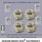 Bright Zeal 66 Ft 200 LED 8 Mode Christmas String Lights Cool White - Outdoor Battery LED String Decorations with Timer - Waterproof Fairy Lights Battery Operated - Indoor Christmas Tree Decor