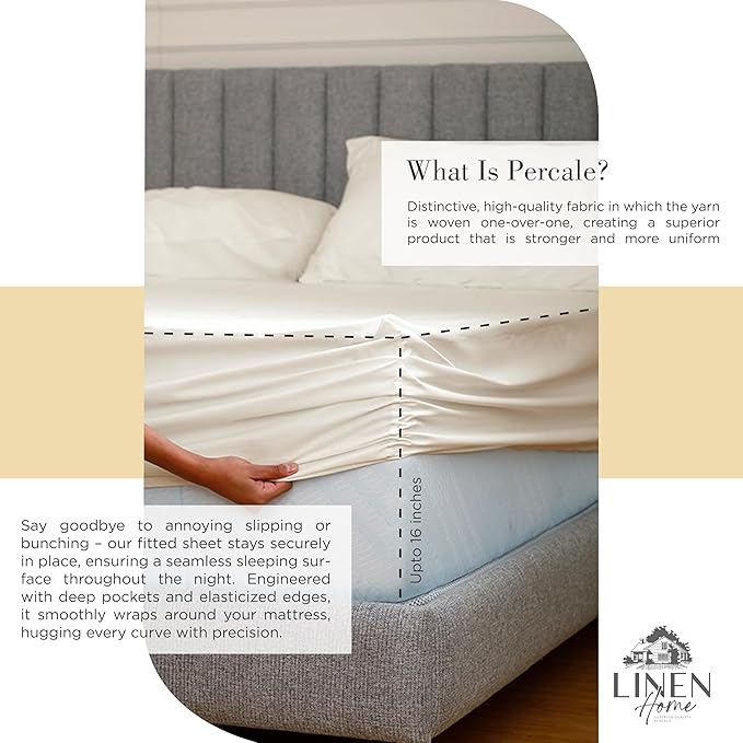 Linen Home 100% Cotton Percale Sheets Queen Size, Ivory, Deep Pocket, 4 Pieces Set - 1 Flat, 1 Deep Pocket Fitted Sheet and 2 Pillowcases, Crisp Cool and Strong Bed Linen