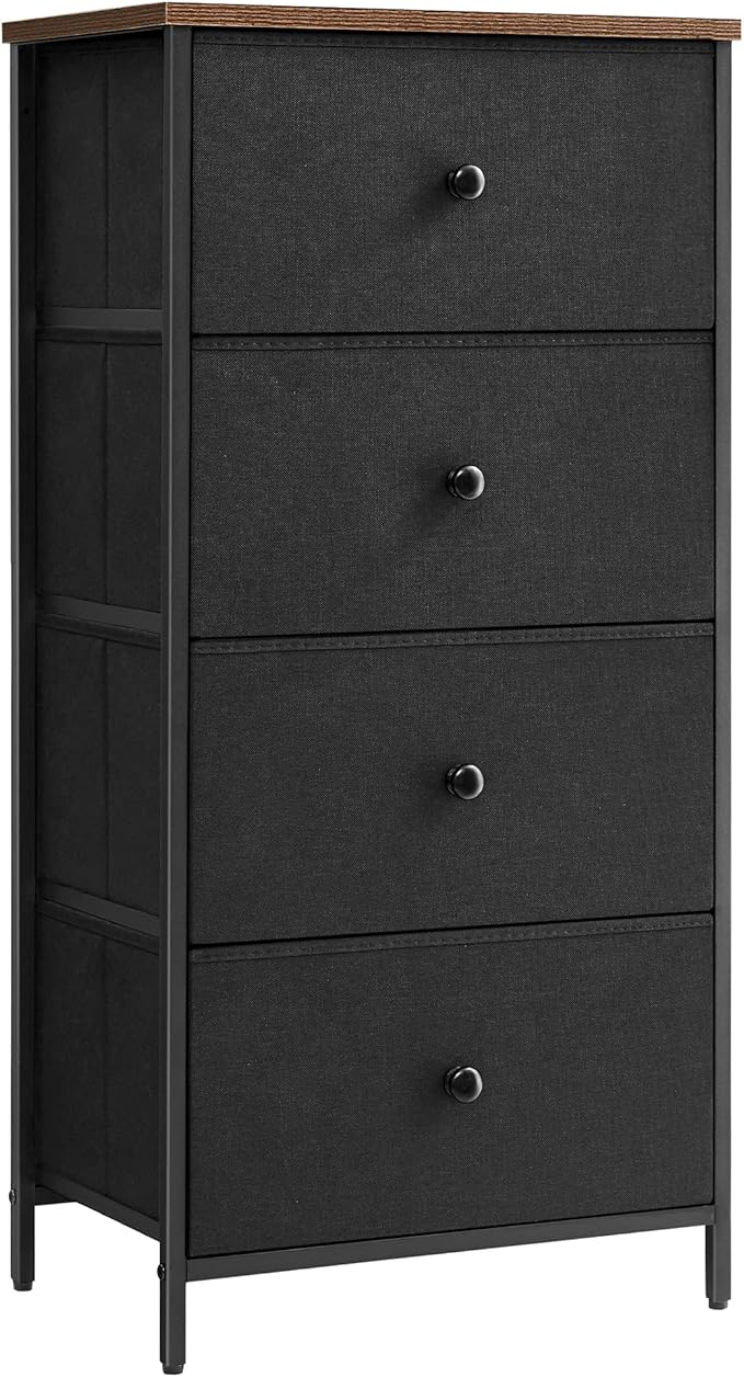 SONGMICS Dresser for Bedroom, Fabric Dresser with 4 Drawers, Metal Frame, Small Chest of Drawers, Black and Rustic Brown ULTS314B01