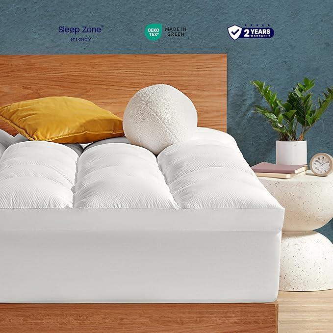 SLEEP ZONE Mattress Topper King Size, Extra Thick Fitted Mattress Pad for Back Pain, Plush and Support Mattress Cover, Deep Pockets Mattress Protector, Hotel Quality (White, King)