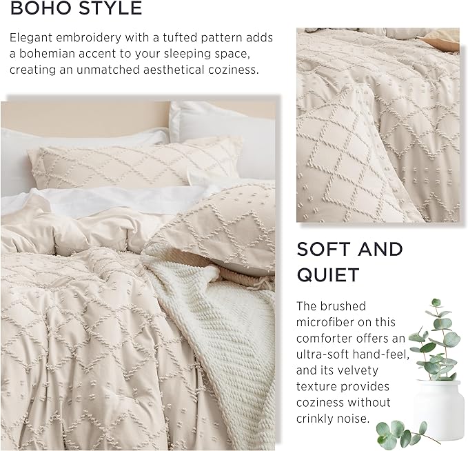 Bedsure Oversized Queen Comforter Set - Beige Comforter, Boho Tufted Shabby Chic Bedding for Kids, 3 Pieces Vintage Farmhouse Bed Set for All Seasons, Fluffy Soft Bedding with 2 Pillow Shams