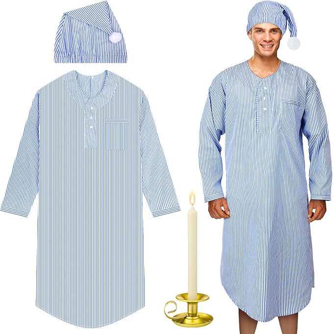 Toulite 4 Pcs Men's Pajama Set Includes Men's Nightshirt Night Sleeping Cap Candle Holder and Candle for Halloween Christmas(2x-large)