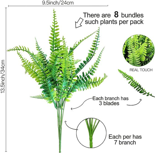 8 Bundles Ferns Artificial Plant Flower Outdoor Fake Boston Fern Bushes UV Resistant Plastic Faux Fern Greenery Stems Leaves for Home Indoor Outside Ground Porch Garden Arrangements Décor
