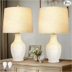 23" White Washed Ceramic Table Lamps Set of 2 with 3-Way Dimmable Bulb,Rotary Switch,Lamps for Living Room,Bedside Lamp with Linen Shade,Nightstand Lamps of 2 for Living Room Bedroom(Bulb Included)
