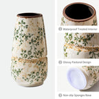 Vintage Green and Beige Vase, Large Round Ceramic Floral Vases, Retro Ice Cracked Chinoiserie Vase for Home Decor, Living Room, Bookshelf, Office, Bedroom and Shelf, Rustic Table Centerpiece 10 Inch