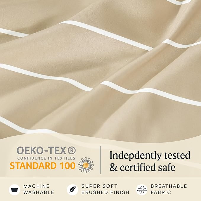 LuxClub 4 PC Queen Size Sheet Set Bed Sheets, Breathable Luxury Deep Pockets Wrinkle Free Cooling Sheets Machine Washable Hotel Bedding (Queen, Striped Cream)
