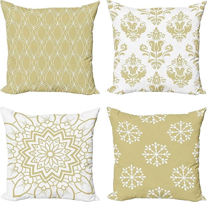 Ambesonne Retro Throw Pillow Cushion Case Pack of 4, Trellis Grid Medieval Floral Damask Mandala Flower Ornament in Modern Monochrome, Modern Accent Double-Sided Digital Printing, 18", Pale Khaki