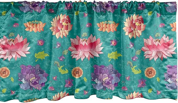 Ambesonne Floral Window Valance Pack of 2, Pattern with Lotus Flowers Peonies and Chrysanthemums Oriental Motifs Garden Art, Rod Pocket Curtain Valances for Kitchen Bedroom, 54" X 18", Teal