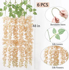 mizii 6Pcs Beige Wisteria Hanging Flowers 48" Silk Wisteria Artificial Flowers Garland Vines Fake Hanging Flowers Decoration for Wedding Flower Wall Backdrop Centerpieces Party Room Decor (Beige)