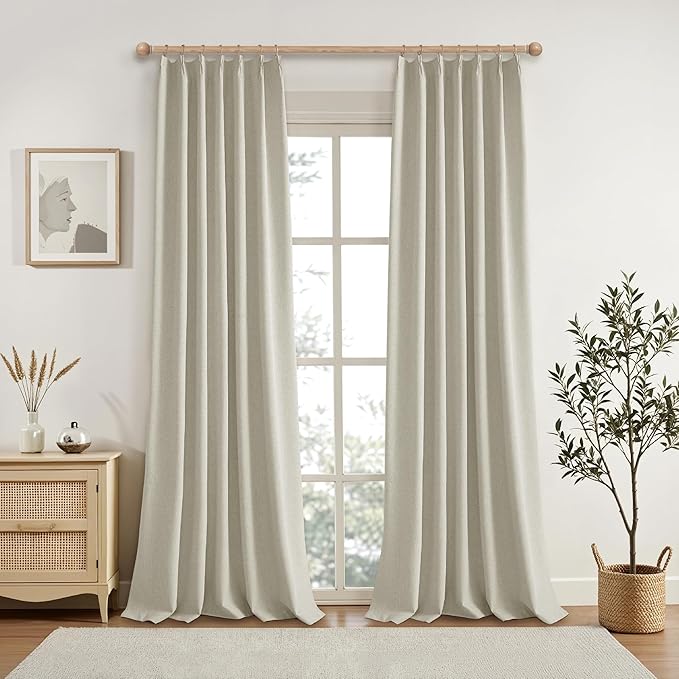 KangBang 95 Inch Pinch Pleated Linen Blackout Curtains for Sliding Glass Door, 60” Wide Pinch Pleat Curtains for Living Room French Door, Privacy Assured Elegant Modern Home Decor(60Wx95L,2 Panels)