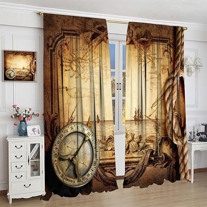 Pirate Map Curtains, Nautical Theme Old Ancient Treasure Map Secret Sea History Pattern Blackout Window Drapes for Kids Boys Bedroom Living Room 63x63in