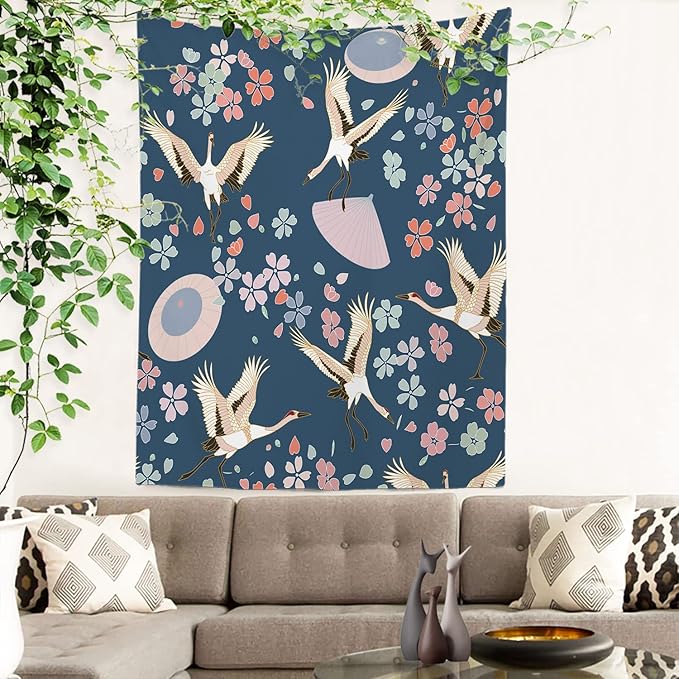 Batmerry Navy Blue Japanese Cherry Tapestry,Oriental Wall Art Hanging Decoration Polyester Fiber White Ruffled Around for Dorm Room Bedroom Living Room, 82.7x59.1 inches