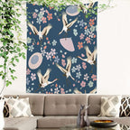 Batmerry Navy Blue Japanese Cherry Tapestry,Oriental Wall Art Hanging Decoration Polyester Fiber White Ruffled Around for Dorm Room Bedroom Living Room, 59.1x39.4 inches
